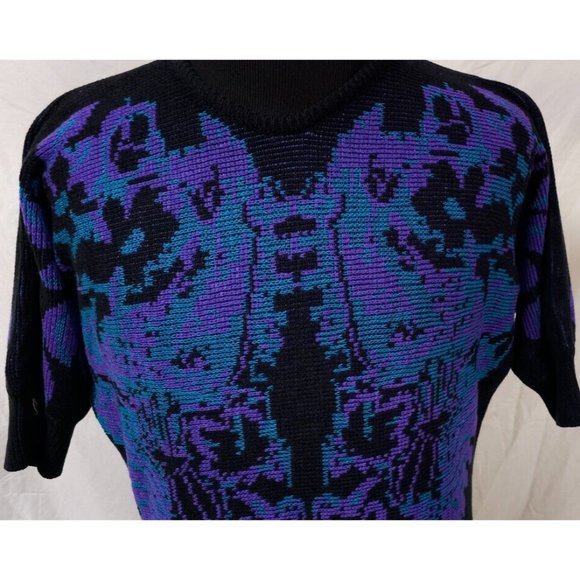 Leslie Fay Medium Black Purple Floral Aztec Tapered Body 3/4 Sleeves Sweater - Picture 4 of 14